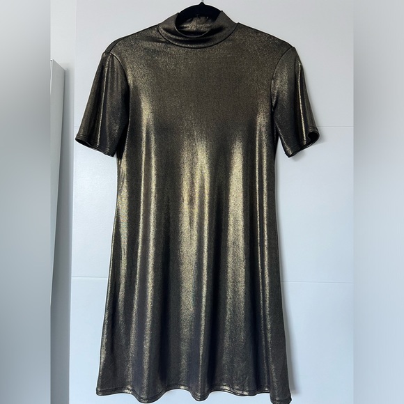 Reformation Dresses & Skirts - Reformation Gold Sparkle Short Sleeve Mock Neck Slinky Mini Party Dress